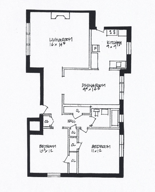 Floor plan for 2 beds, 1 bath, 991 sqft